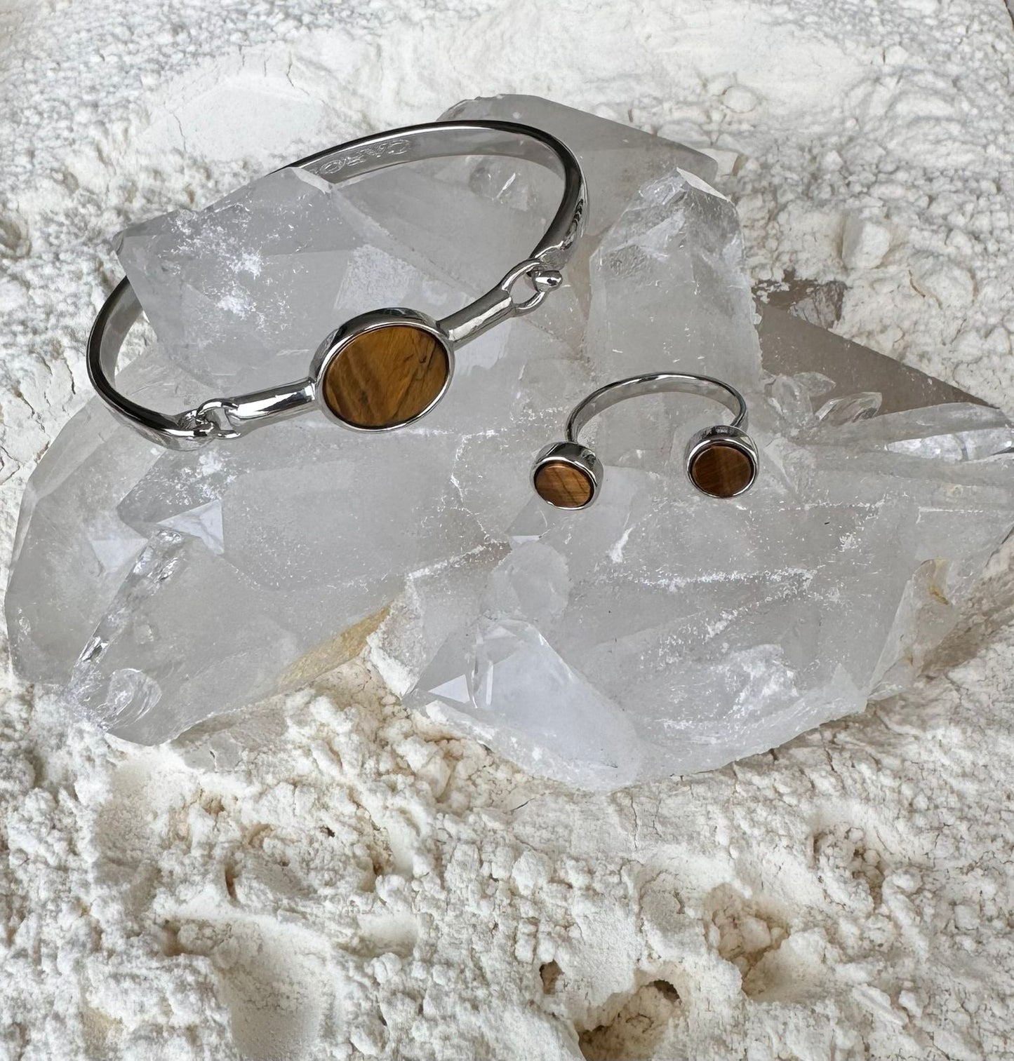 Mix Olho de Tigre Bracelete Circulo + Anel mini Circulo Duplo - Ródio Branco