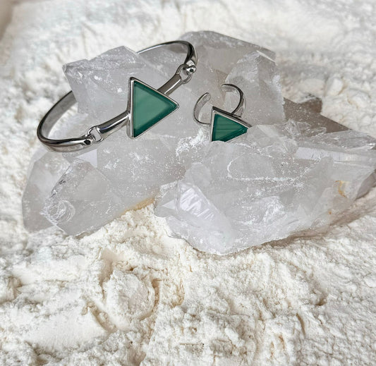 Mix Ágata Verde Bracelete + Anel Triângulo Ródio Branco
