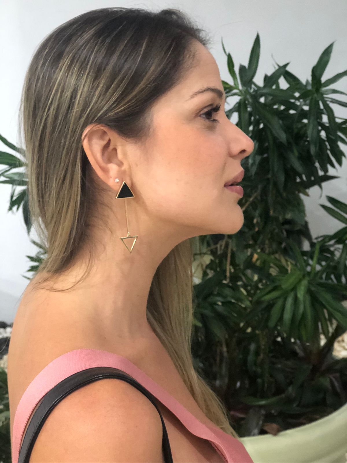 Brinco Pirâmide + Triângulo Vazado Ródio Branco